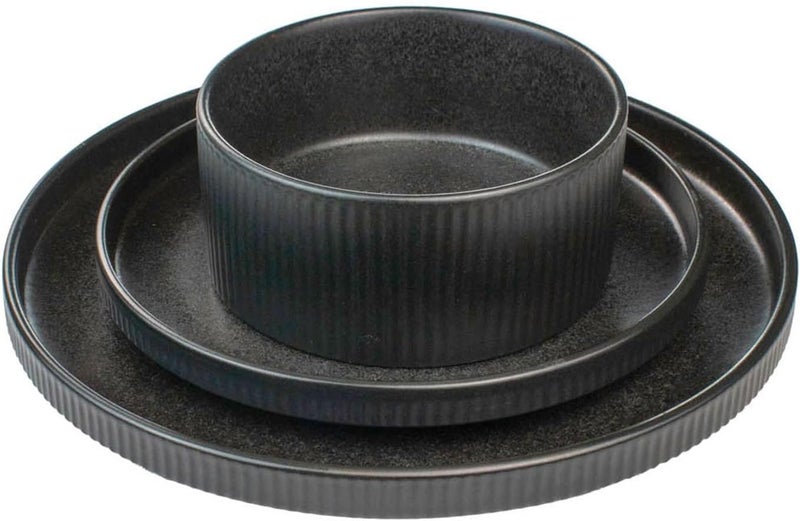 Sango Anderson Black 12Piece Stoneware Dinnerware Set  Service for 4 Modern Design with Textured Ridges Exquisite Reactive Glaze for Everyday Dining  Entertainment Microwave  Dishwasher Safe - Image 5
