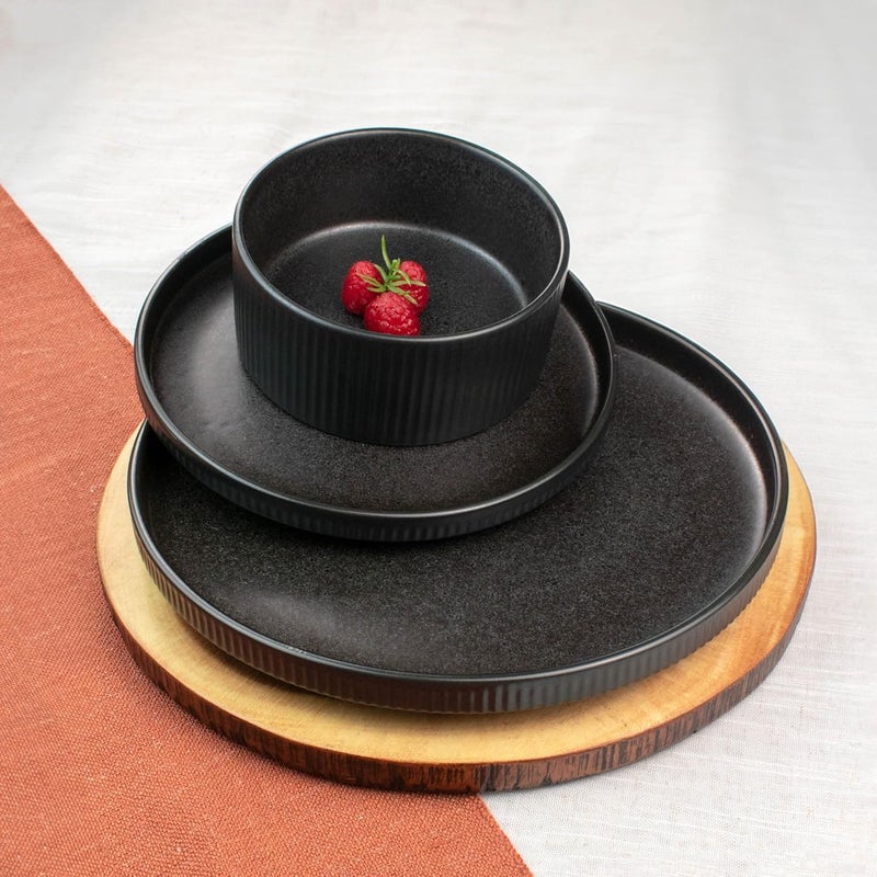 Sango Anderson Black 12Piece Stoneware Dinnerware Set  Service for 4 Modern Design with Textured Ridges Exquisite Reactive Glaze for Everyday Dining  Entertainment Microwave  Dishwasher Safe - Image 4