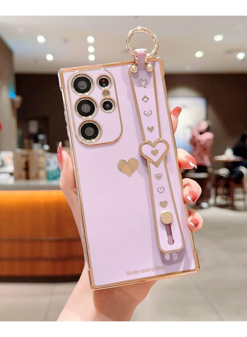 Q TRIPLE A Luxury Heart Design Case for Samsung Galaxy S24 Ultra, Girly Design, Electroplated Protective Cover with Adjustable Finger Strap & Kickstand, Anti-Fall Fashion Case for Women & Girls (Puple) - Image 2