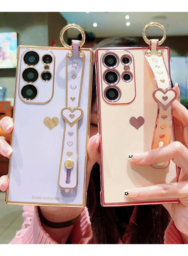 Q TRIPLE A Luxury Heart Design Case for Samsung Galaxy S24 Ultra, Girly Design, Electroplated Protective Cover with Adjustable Finger Strap & Kickstand, Anti-Fall Fashion Case for Women & Girls (Puple) - Image 4