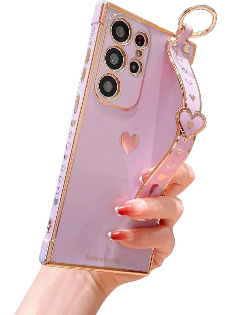 Q TRIPLE A Luxury Heart Design Case for Samsung Galaxy S24 Ultra, Girly Design, Electroplated Protective Cover with Adjustable Finger Strap & Kickstand, Anti-Fall Fashion Case for Women & Girls (Puple) - Image 1