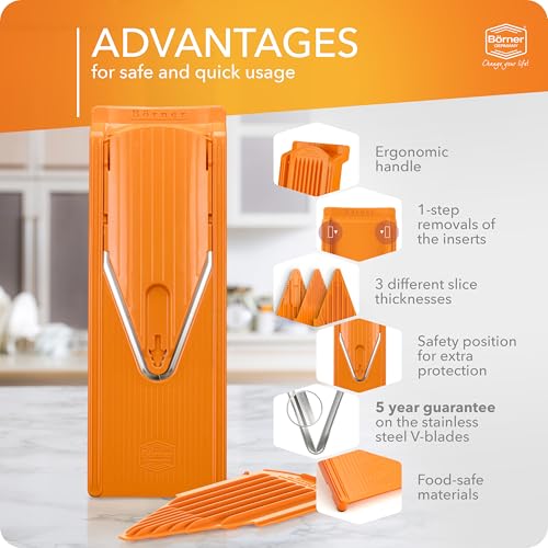 Börner Mandoline Slicer V3 (Basic Set) • V-Slicer for Vegetables & Fruits • Adjustable Kitchen Slicer • 3 Thickness Settings • With Rubber Feet & Stainless Steel V-Blade • Color: Orange - Image 4