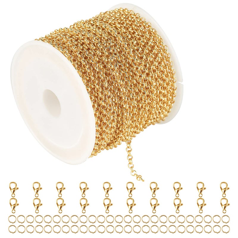 YOUBEIYEE 18K Gold Plated Brass Jewelry Making Chain 10 Meters Circle Rolo Chains Bulk with 50pcs Jump Rings 20pcs Lobster Clasps Women Necklace DIY Jewelry Supplies Findings