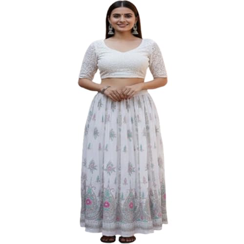 Ukal Traditional Long Skirt Lehenga With Printed Flowers and Embroidered Sequins for Women's and Girl's (White) - Image 1