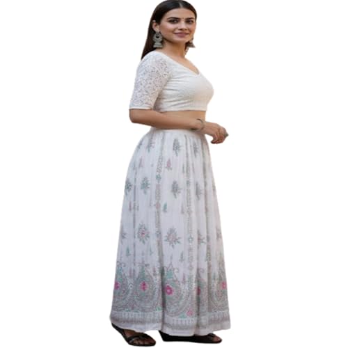 Ukal Traditional Long Skirt Lehenga With Printed Flowers and Embroidered Sequins for Women's and Girl's (White) - Image 2