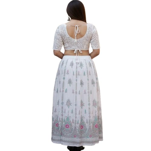 Ukal Traditional Long Skirt Lehenga With Printed Flowers and Embroidered Sequins for Women's and Girl's (White) - Image 3