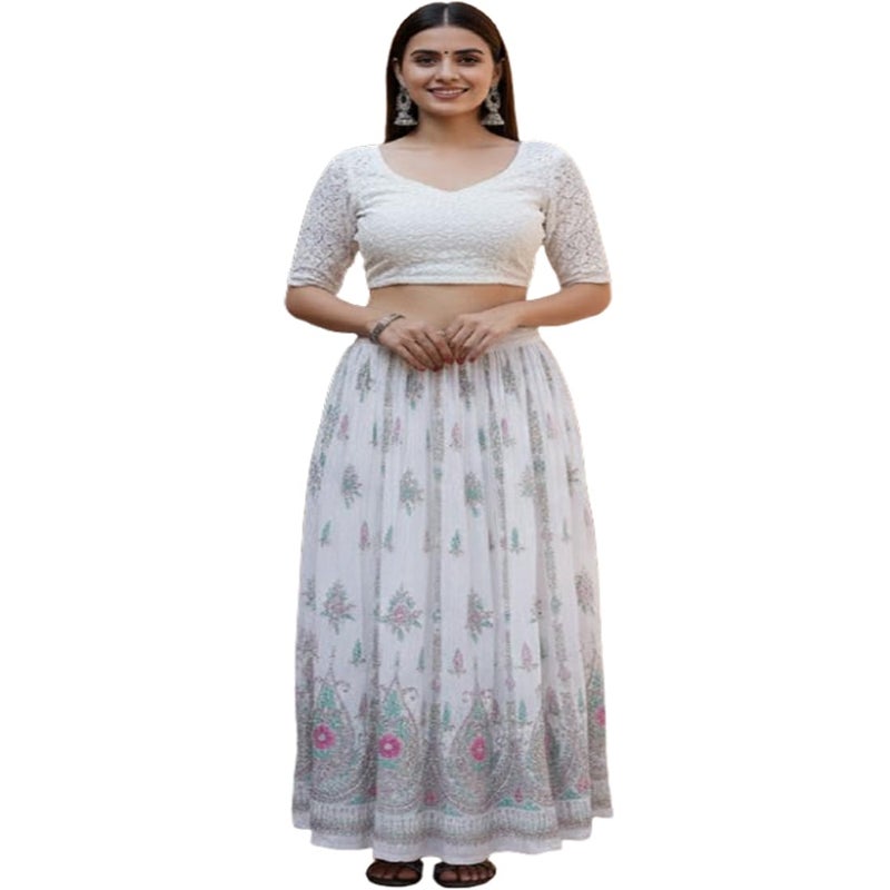 Ukal Traditional Long Skirt Lehenga With Printed Flowers and Embroidered Sequins for Women's and Girl's (White) - Image 5