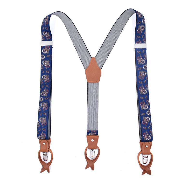 Mens Trendy Suspenders 3.5cm Adjustable Elastic 6 Clips Casual Straps Blue cashew nuts 