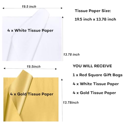 JUNESHE XL Large Red Square Gift Bag with Handles &Tissue Paper, 11.8 inch Giant Big Gift Wrap for Birthday Wedding Party Favors - Image 3