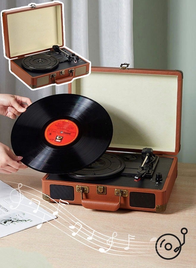 Vintage Phonograph Retro Bluetooth Gramophone Portable Suitcase Turntable Brown - Image 1