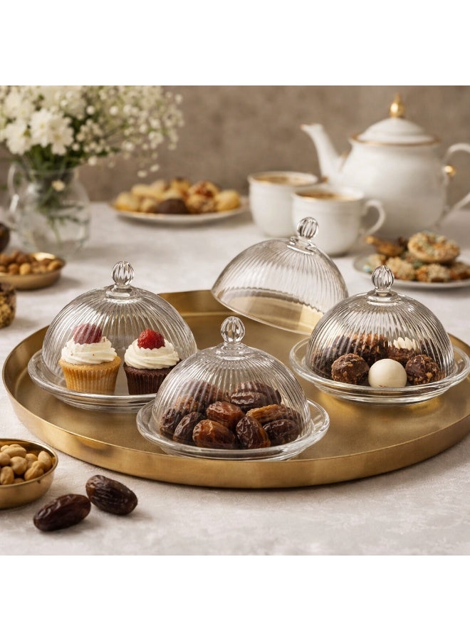 إيليجانت 🧁 طقم صحون تقديم زجاج مخطط بغطاء | للكب كيك والحلويات والتمر – 3 قطع | 10 سم ✨ - Image 1