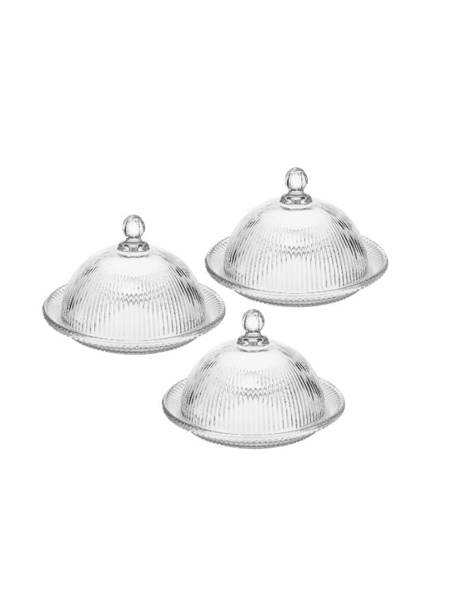 إيليجانت 🧁 طقم صحون تقديم زجاج مخطط بغطاء | للكب كيك والحلويات والتمر – 3 قطع | 10 سم ✨ - Image 5