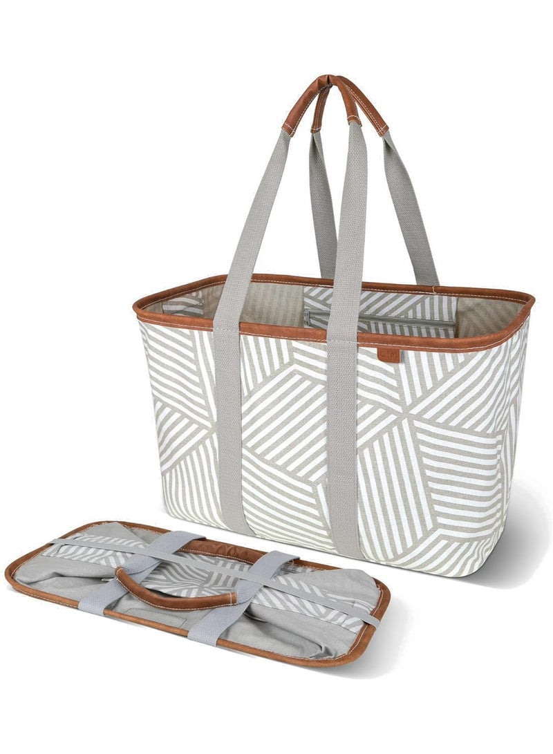 CleverMade Snapbasket LUXE Collapsible Tote - Geometric Taupe 1 Pack 30L / 8 Gal - Reusable Grocery Collapsible Storage Shopping Organizer - Image 1