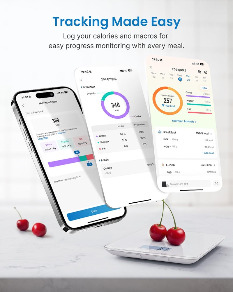 RENPHO Food Scale with Nutritional Calculator, Digital Kitchen Scale for Weight Loss, Smart Food Weight Scale with App for Macro Keto Calorie Cooking, Grams and Ounces, White, 11lb/5kg - Image 3