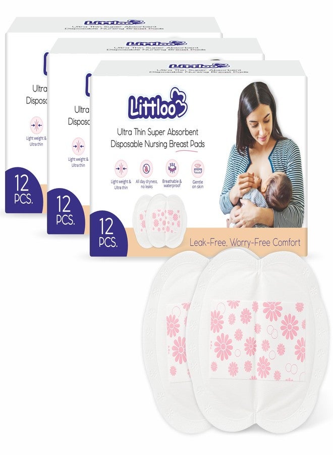 Littloo Ultra Thin Disposable Nursing Breast Pads - 12 Count (Pack of 3) | Super Absorbent, Individually Wrapped, Leak-Proof & Soft | Lightweight, Waterproof & Breathable - Image 1