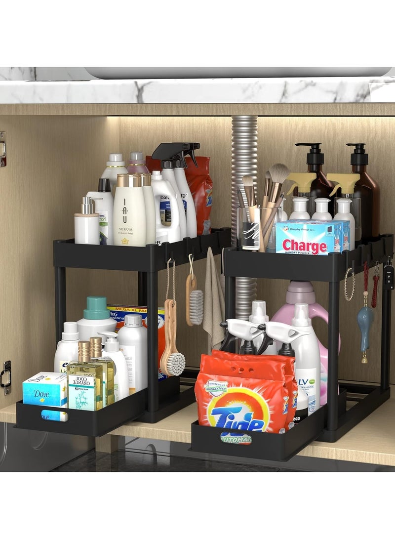 Under Sink Organizer Rack 2 Tier Under Sliding Cabinet Basket Organizer Drawer with 4 Hooks, Multi-purpose Under Sink Storage for Bathroom Kitchen Desktop  - Image 1