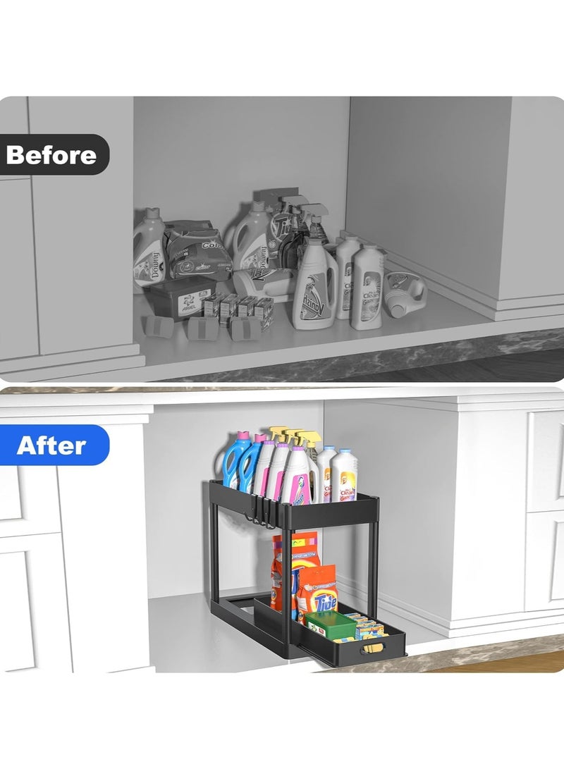 Under Sink Organizer Rack 2 Tier Under Sliding Cabinet Basket Organizer Drawer with 4 Hooks, Multi-purpose Under Sink Storage for Bathroom Kitchen Desktop  - Image 2