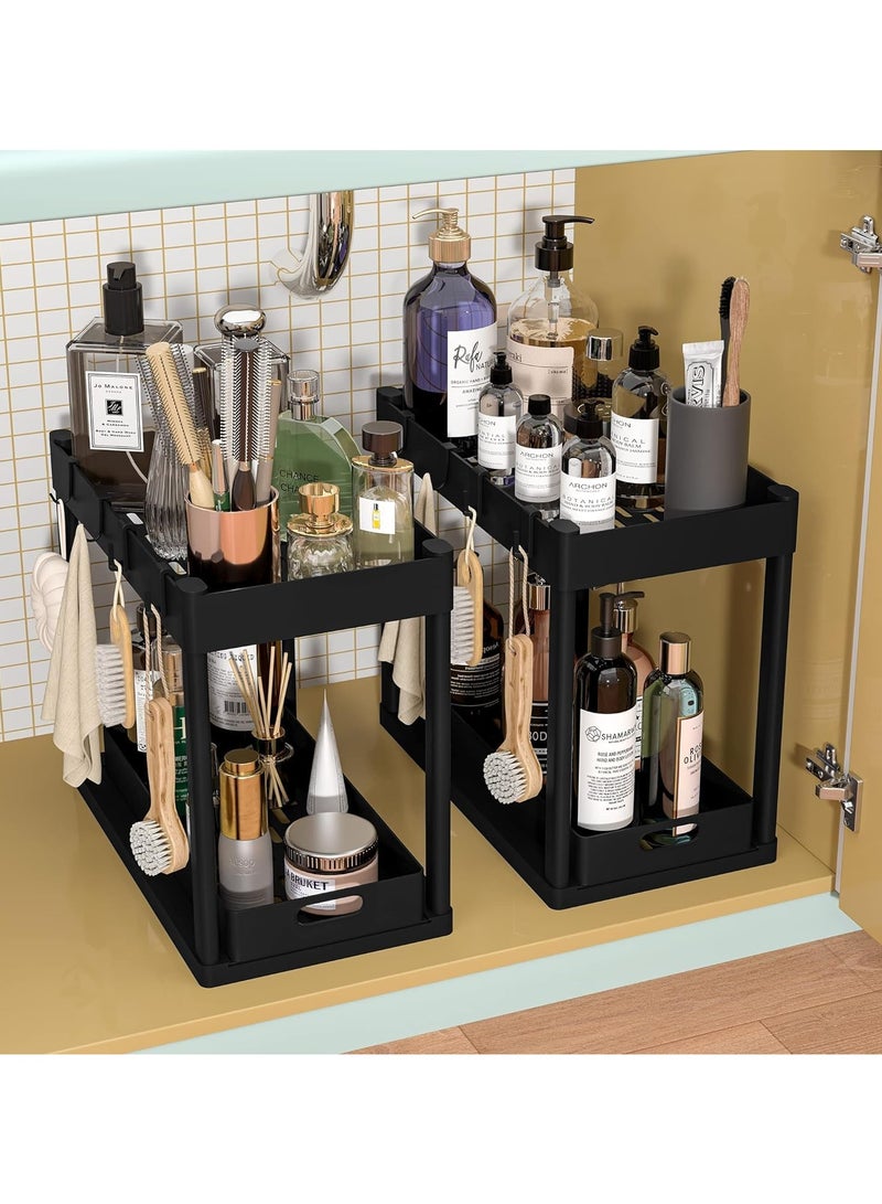 Under Sink Organizer Rack 2 Tier Under Sliding Cabinet Basket Organizer Drawer with 4 Hooks, Multi-purpose Under Sink Storage for Bathroom Kitchen Desktop  - Image 3