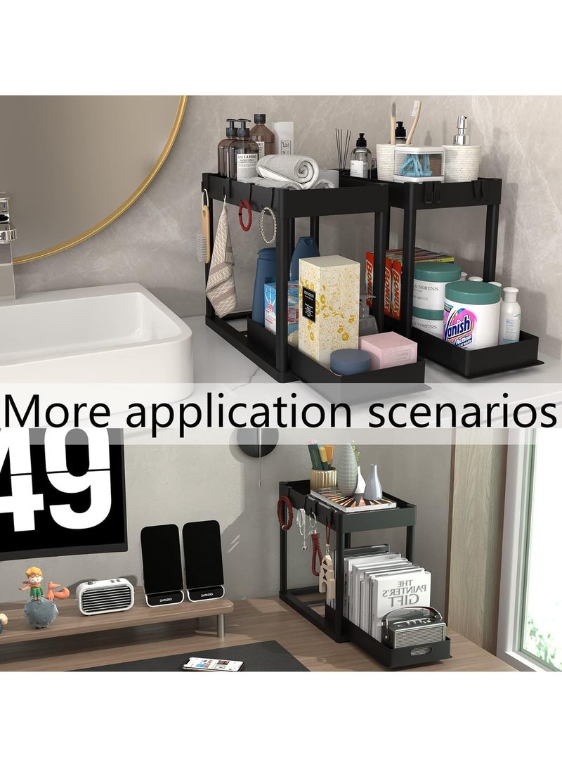 Under Sink Organizer Rack 2 Tier Under Sliding Cabinet Basket Organizer Drawer with 4 Hooks, Multi-purpose Under Sink Storage for Bathroom Kitchen Desktop  - Image 5