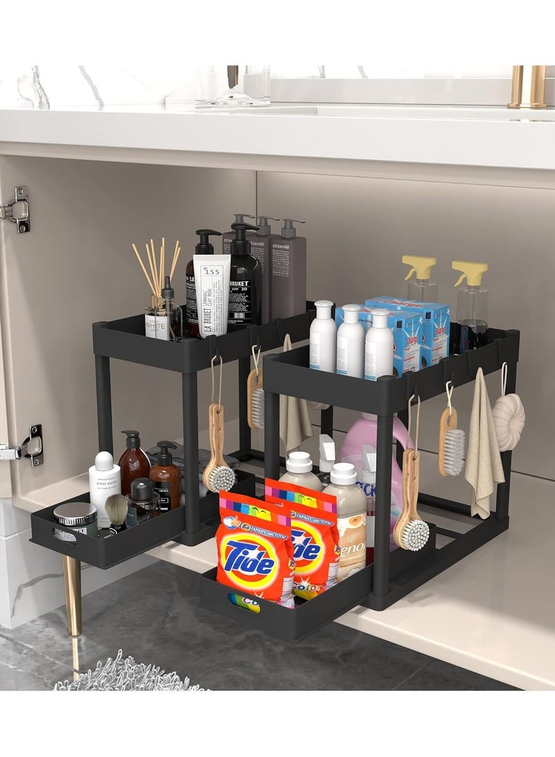 Under Sink Organizer Rack 2 Tier Under Sliding Cabinet Basket Organizer Drawer with 4 Hooks, Multi-purpose Under Sink Storage for Bathroom Kitchen Desktop  - Image 4
