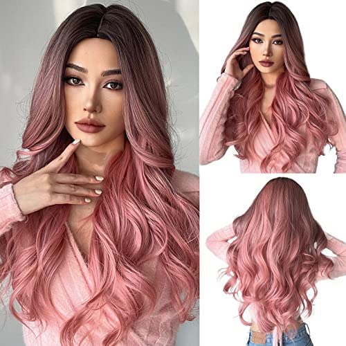 Esmee Synthetic Wigs Ombre Pink Long Wavy Women Heat Resistant Fiber Middle Part Cosplay Wigs 24inch - Image 1
