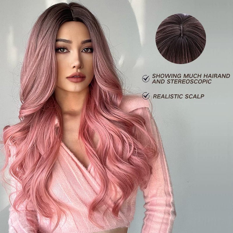 Esmee Synthetic Wigs Ombre Pink Long Wavy Women Heat Resistant Fiber Middle Part Cosplay Wigs 24inch - Image 2
