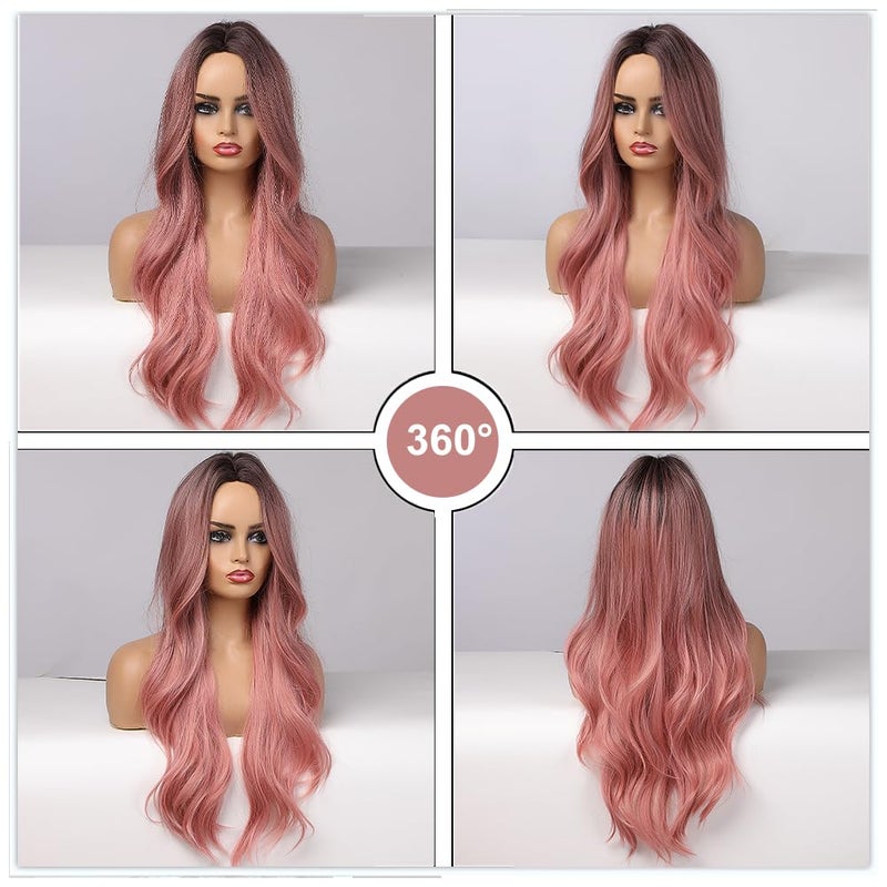 Esmee Synthetic Wigs Ombre Pink Long Wavy Women Heat Resistant Fiber Middle Part Cosplay Wigs 24inch - Image 5