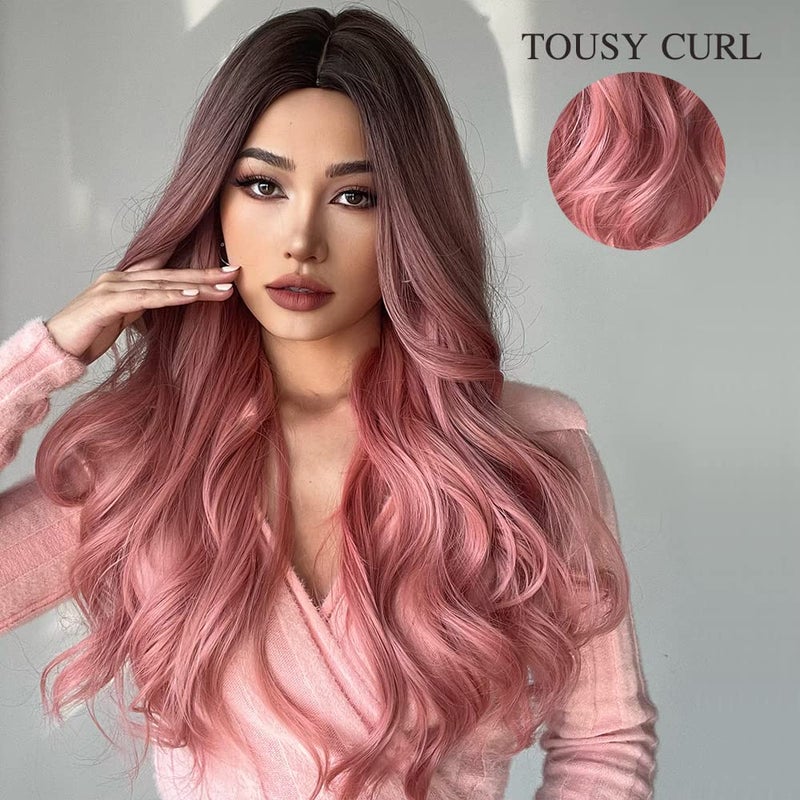Esmee Synthetic Wigs Ombre Pink Long Wavy Women Heat Resistant Fiber Middle Part Cosplay Wigs 24inch - Image 3