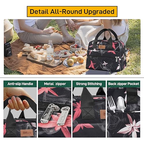 HOMESPON Insulated Lunch Bag for Women Men Lunch Box Cooler Lunch Tote for Work Picnic (Pink Flowers) - Image 4