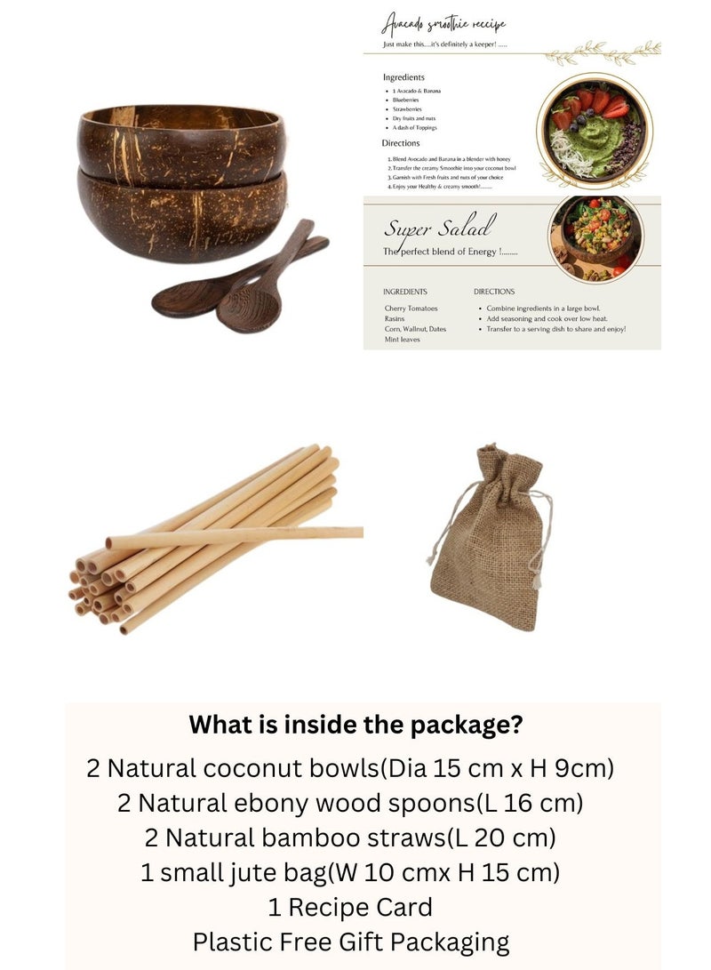 Coconut Bowls and Spoons,Set of 2 Bowls,2 Spoons,2 Bamboo straws for Soup, Smoothies, Pasta,Noodles, Rice,acai,any hot and cold food serving bowl,Vegan, 100% Natural and Eco Friendly - Image 1