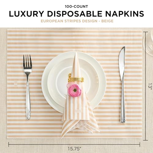 Khen 100-Count Luxury Disposable Napkins, European Stripes Design, 2-Ply Tableware, Linen-Feel Paper Guest Towels, Elegant Soft & Absorbent Hand Towel, Party Napkin or Placemats 15.75"x13" - Tan Beige - Image 3