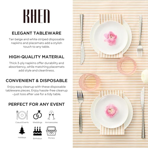 Khen 100-Count Luxury Disposable Napkins, European Stripes Design, 2-Ply Tableware, Linen-Feel Paper Guest Towels, Elegant Soft & Absorbent Hand Towel, Party Napkin or Placemats 15.75"x13" - Tan Beige - Image 5