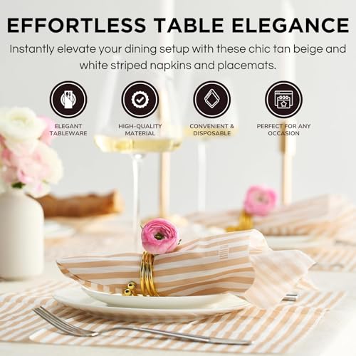 Khen 100-Count Luxury Disposable Napkins, European Stripes Design, 2-Ply Tableware, Linen-Feel Paper Guest Towels, Elegant Soft & Absorbent Hand Towel, Party Napkin or Placemats 15.75"x13" - Tan Beige - Image 4