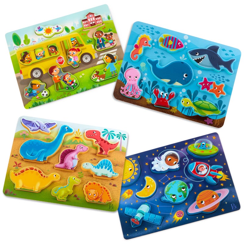 B. Toys B toys Chunky Puzzle 4 Pack Bus Sea Space Dino Wooden Puzzles with 8 Pieces Each Educational Toys for Toddlers Develop Fine Motor Skills Color Recognition Fun Learning Activity 2 Years - Image 3