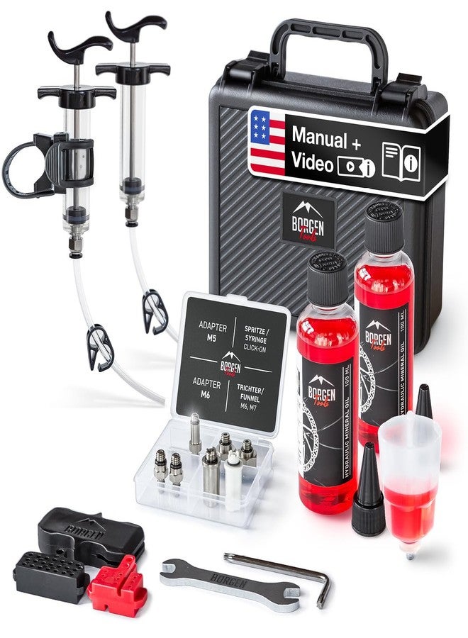 Borgen PRO bleed kit for Shimano, Tektro and TRP bicycle disc brakes - brake bleed kit with instructions, incl. 2× mineral oil brake fluid, Brake Bleed Kit - Image 1