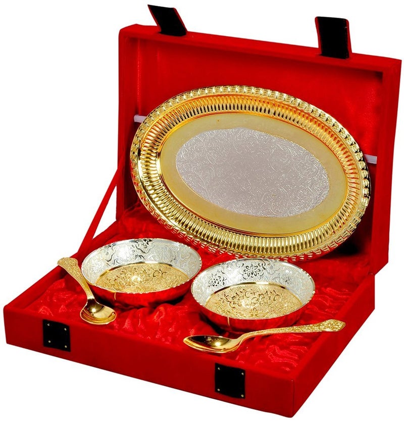 JAIPUR ACE Silver and Gold Plated Brass Bowl Tray and Spoon Home Decor Best for Gifting Diwali New Year Christmas Set of 5 PiecesSet of 2 Bowls 2 Spoons and 1 Tray - Image 1