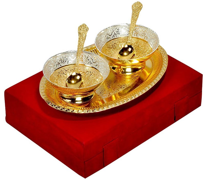 JAIPUR ACE Silver and Gold Plated Brass Bowl Tray and Spoon Home Decor Best for Gifting Diwali New Year Christmas Set of 5 PiecesSet of 2 Bowls 2 Spoons and 1 Tray - Image 2