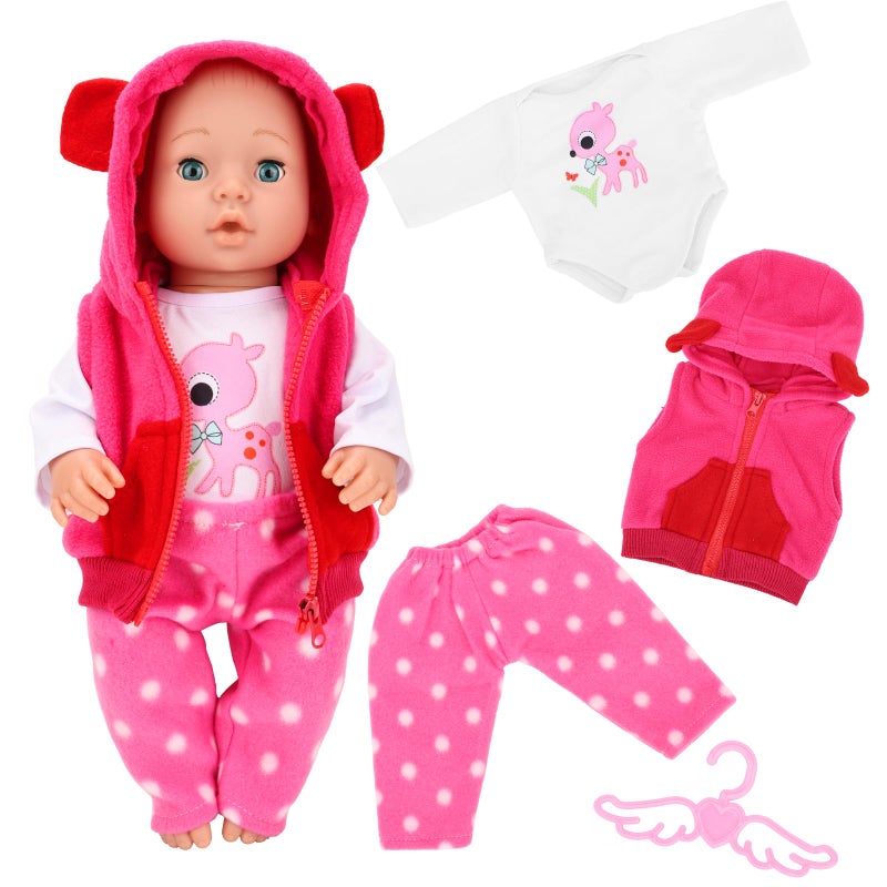 HONLAELLA 4 PCS Baby Doll Clothes and Accessories for 1416 Inch Born Baby Dolls 1 Pink Hooded Vest with Pants TShirt and 1 Hanger Outfit Clothing Set for Dolls - Image 3