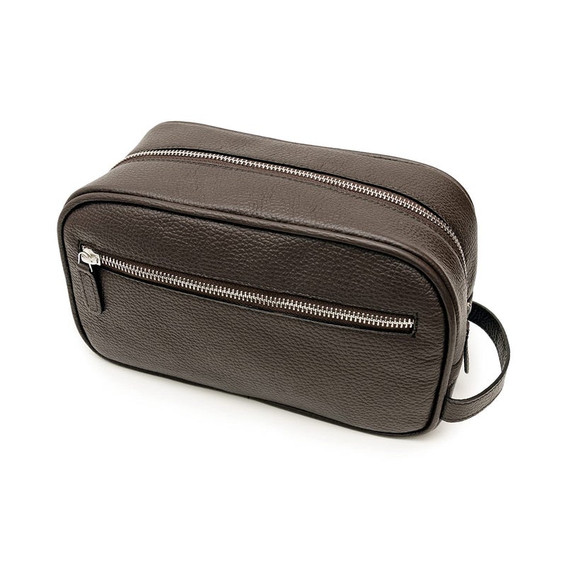 Maruse Italian Leather Toiletry Travel Bag with 2 Zippered Closures for Men and Women Handmade in Italy Brown