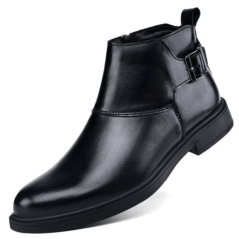 Large Size Men'S Business Casual Leather Shoes Retro Boots Round Toe Belt Buckle Velcro Cotton Boots Men'S Shoes - Image 1