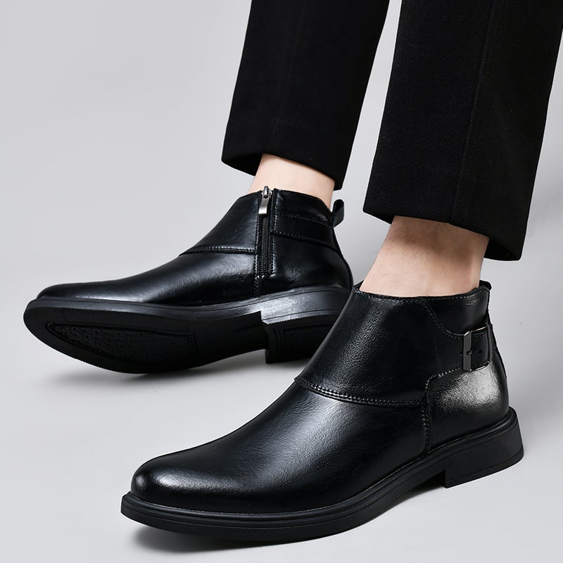 Large Size Men'S Business Casual Leather Shoes Retro Boots Round Toe Belt Buckle Velcro Cotton Boots Men'S Shoes - Image 5