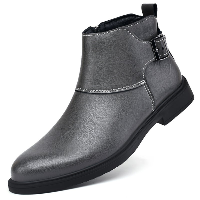 Large Size Men'S Business Casual Leather Shoes Retro Boots Round Toe Belt Buckle Velcro Cotton Boots Men'S Shoes - Image 3