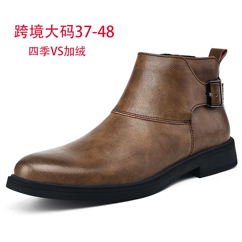 Large Size Men'S Business Casual Leather Shoes Retro Boots Round Toe Belt Buckle Velcro Cotton Boots Men'S Shoes - Image 2