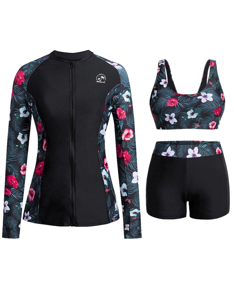 Holipick Black Floral Long Sleeve Swimsuits for Women - 3 Piece Rash Guard with Shorts Zipper SPF Swim Shirt with Built in Bra XXL - Image 1