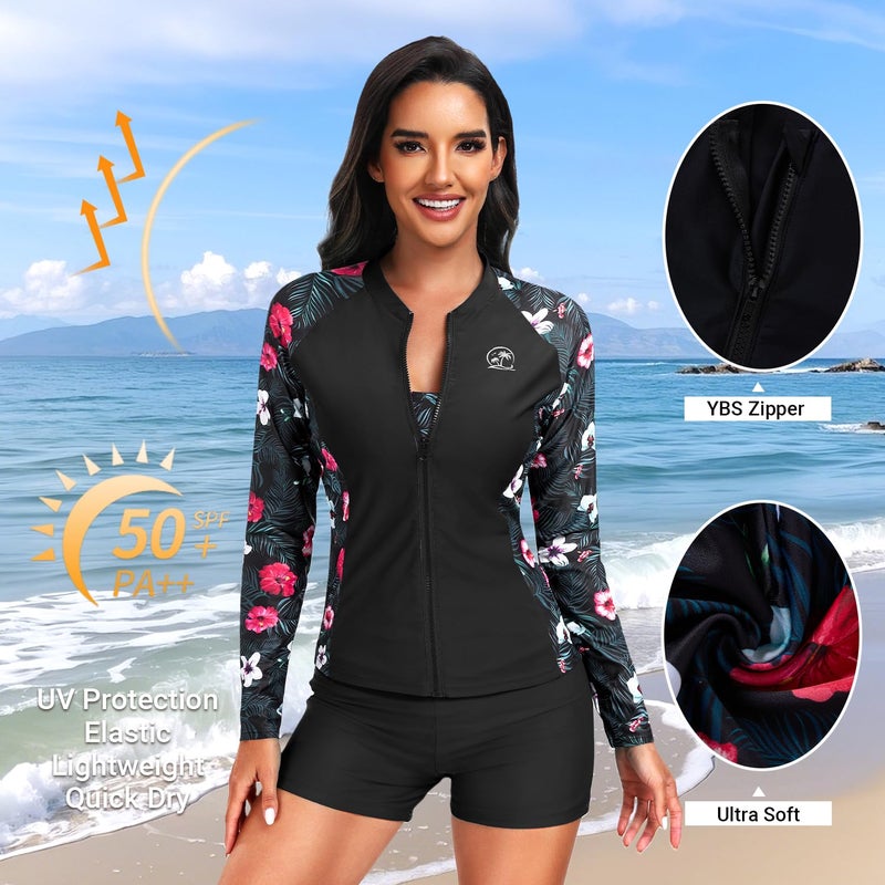 Holipick Black Floral Long Sleeve Swimsuits for Women - 3 Piece Rash Guard with Shorts Zipper SPF Swim Shirt with Built in Bra XXL - Image 3