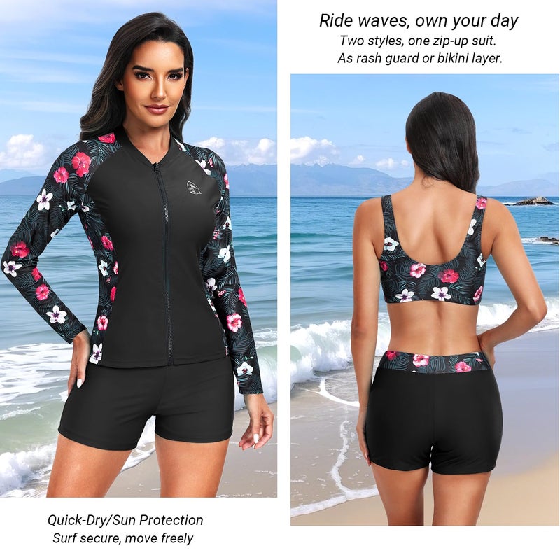 Holipick Black Floral Long Sleeve Swimsuits for Women - 3 Piece Rash Guard with Shorts Zipper SPF Swim Shirt with Built in Bra XXL - Image 2