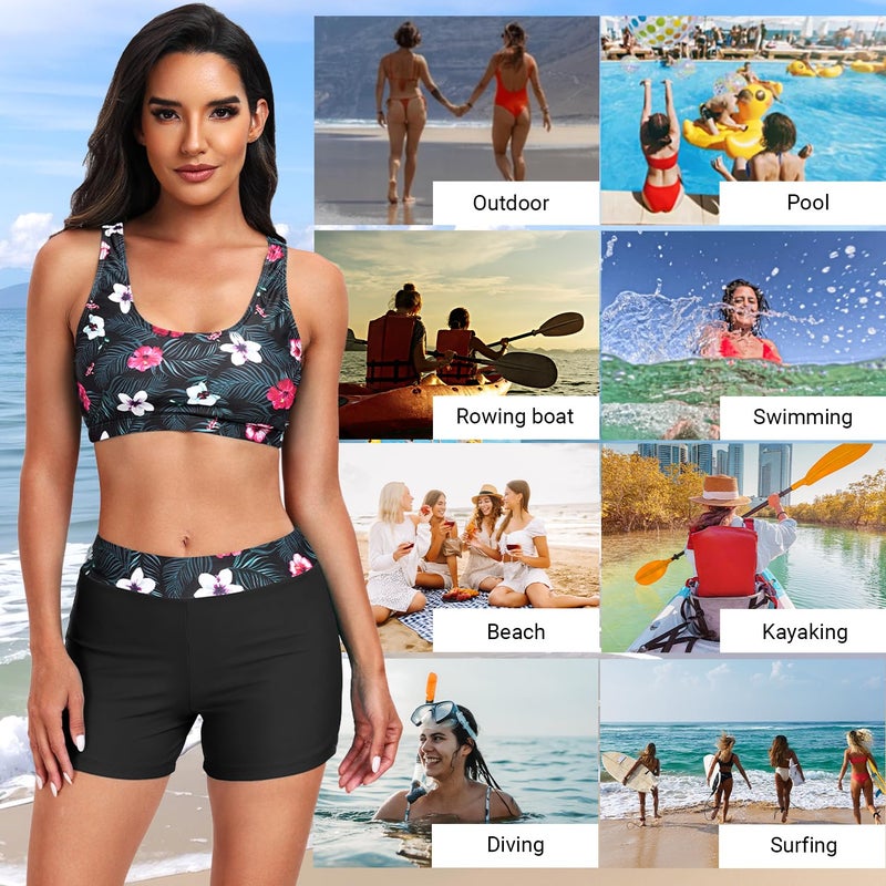 Holipick Black Floral Long Sleeve Swimsuits for Women - 3 Piece Rash Guard with Shorts Zipper SPF Swim Shirt with Built in Bra XXL - Image 5