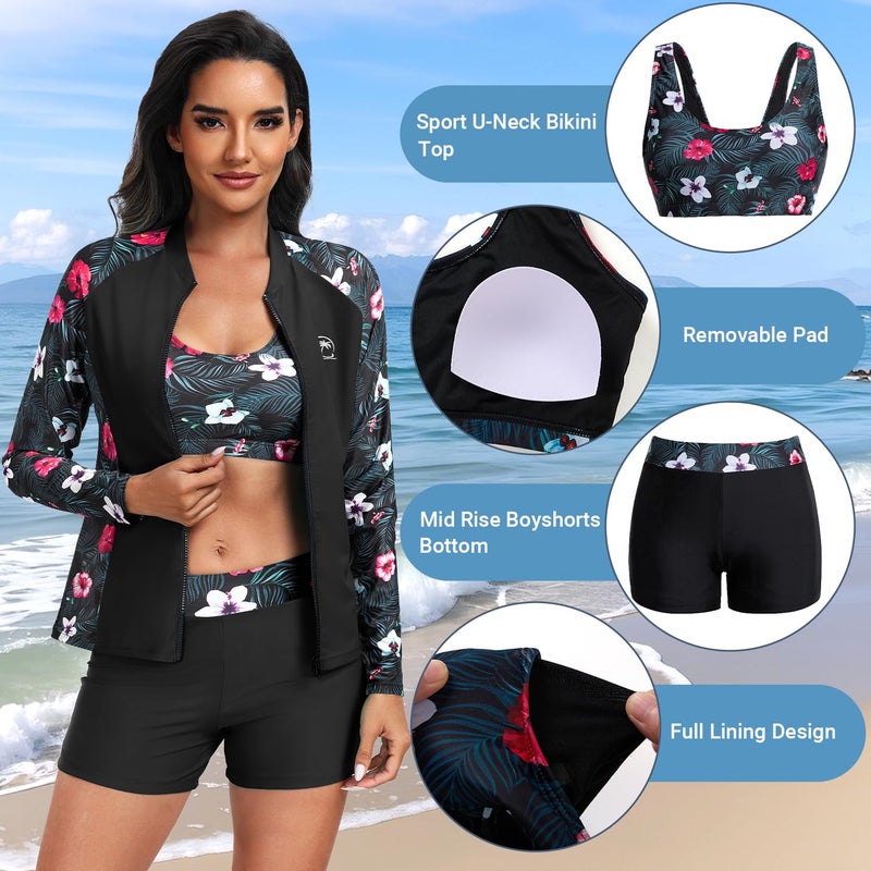 Holipick Black Floral Long Sleeve Swimsuits for Women - 3 Piece Rash Guard with Shorts Zipper SPF Swim Shirt with Built in Bra XXL - Image 4