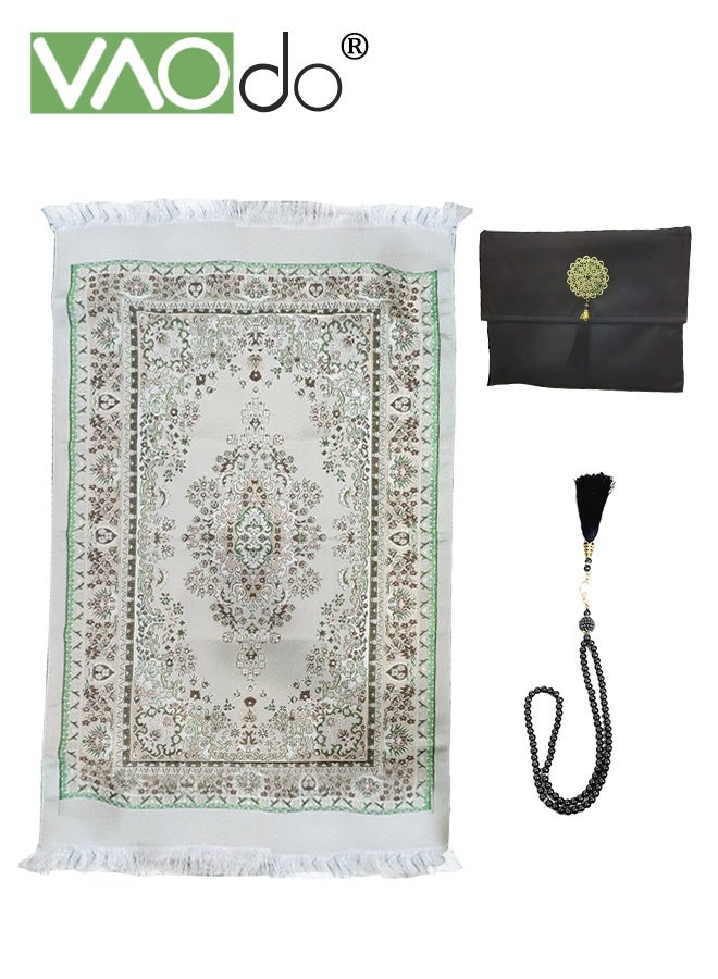 VAOdo 3PCS Islamic Prayer Rug and Beads with Portable Bag, Soft Exquisite Muslim Prayer Mat, Travel Prayer Carpet Mat, Islamic Gifts for Eid Ramadan Black - Image 1