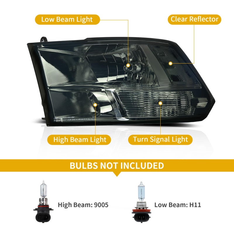 DWVO Headlights Assembly Compatible with 2009-2018 Dodge Ram 1500 2500 3500/2019-2022 Ram 1500 Classic Pickup Quad Headlamp Replacement Smoke Lens Clear Reflector (Only for Quad Models) - Image 2